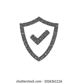 Shield icon with checkmark in grunge texture. Vintage style vector illustration.
