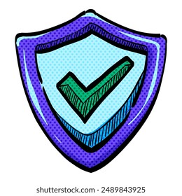 Shield icon with checkmark halftone hand drawn color vector illustration
