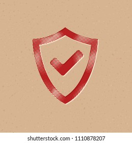 Shield icon with checkmark in halftone style. Grunge background vector illustration.