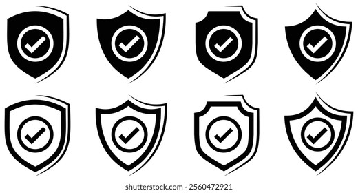 Shield icon. Shield with a checkmark in the middle Protection icon. Shield check mark icon set. Protection approve sign. Safe icon vector. Protect shapes silhouette. Vector illustration. design eps 10