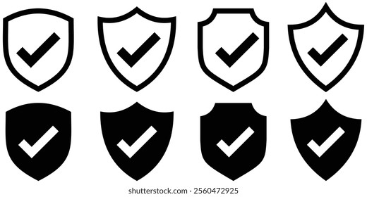 Shield icon. Shield with a checkmark in the middle Protection icon. Shield check mark icon set. Protection approve sign. Safe icon vector. Protect shapes silhouette. Vector illustration. design eps 10