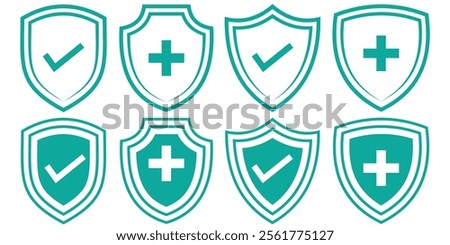 shield icon with checkmark and plus mark icon, shield protection icon.  protected guard shield concept. shield icon vector illustration eps 10.