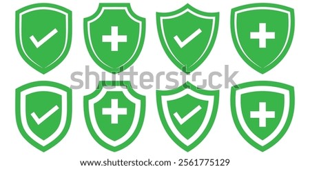 shield icon with checkmark and plus mark icon, shield protection icon.  protected guard shield concept. shield icon vector illustration eps 10.