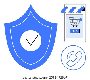 Shield icon with checkmark, smartphone with shopping cart and buy button, and phone symbol. Ideal for online shopping, secure transactions, digital communication, e-commerce security, consumer