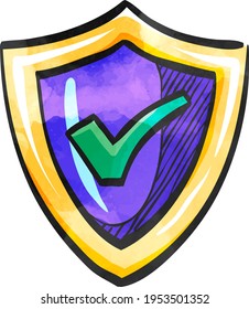 Shield Icon With Checkmark In Watercolor Style.