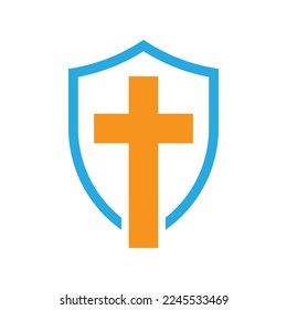 Shield icon. Church icon. Shield icon with christian cross symbol. Vector illustration.