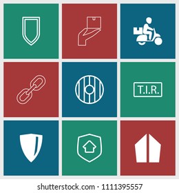 Shield icon. collection of 9 shield filled and outline icons such as tir, home security, sword, courier on motorcycle, chain. editable shield icons for web and mobile.