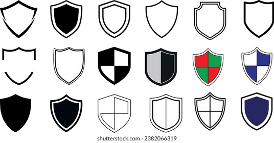 Shield icon collection, diverse styles, colorful and silver shields. Perfect for logos, badges, emblems. Medieval heraldry, knight armor symbolizing protection, security, defense.