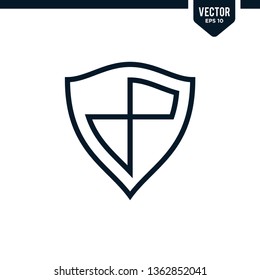 Shield icon collection in outlined or line art style, editable stroke vector