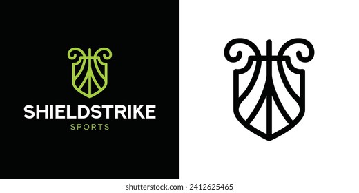 Shield icon combined with lyra instrument logo design. The shield and lyre are symbols of the Greek god Apollo. A symbol that represents education, culture, or the arts - Vector
