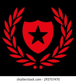 Shield icon from Competition & Success Bicolor Icon Set. Vector style: flat symbols, red color, rounded angles, black background.