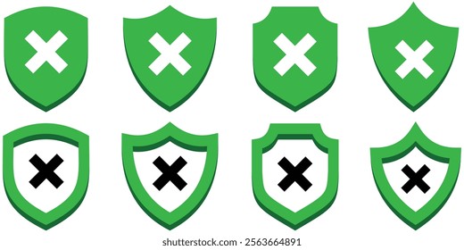 Shield icon with cross mark. Protection and unprotection, green shield checkmark red shield cross. Green and red shield checkmark, cross. checkmark vector, checkmark icon set, approved symbol. Eps 10