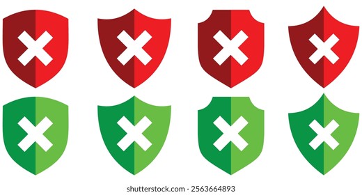 Shield icon with cross mark. Protection and unprotection, green shield checkmark red shield cross. Green and red shield checkmark, cross. checkmark vector, checkmark icon set, approved symbol. Eps 10