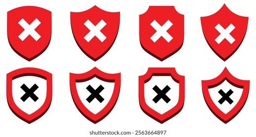 Shield icon with cross mark. Protection and unprotection, green shield checkmark red shield cross. Green and red shield checkmark, cross. checkmark vector, checkmark icon set, approved symbol. Eps 10