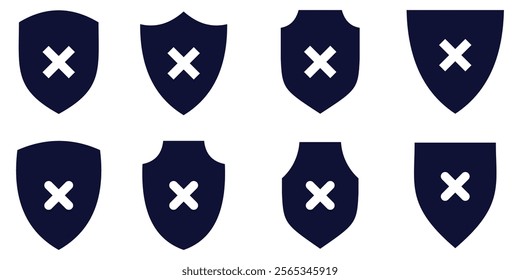 Shield icon with cross mark. Protection and unprotection, black shield checkmark blue shield cross. Black and blue crosses and checkmarks. checkmark set, editable line. Design eps 10