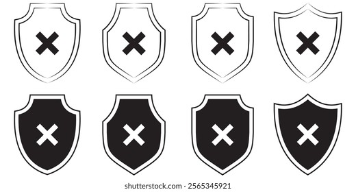 Shield icon with cross mark. Protection and unprotection, black shield checkmark blue shield cross. Black and blue crosses and checkmarks. checkmark set, editable line. Design eps 10