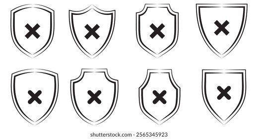 Shield icon with cross mark. Protection and unprotection, black shield checkmark blue shield cross. Black and blue crosses and checkmarks. checkmark set, editable line. Design eps 10