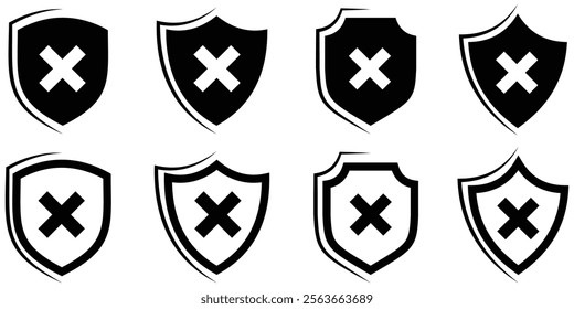 Shield icon with cross mark. Security Shield Vector shield checkmark, cross, approved, rejected, yes, no. Set of red and green crosses and checkmarks. checkmark set, editable line. Design eps 10