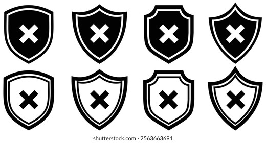 Shield icon with cross mark. Security Shield Vector shield checkmark, cross, approved, rejected, yes, no. Set of red and green crosses and checkmarks. checkmark set, editable line. Design eps 10