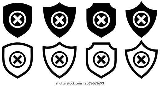 Shield icon with cross mark. Security Shield Vector shield checkmark, cross, approved, rejected, yes, no. Set of red and green crosses and checkmarks. checkmark set, editable line. Design eps 10
