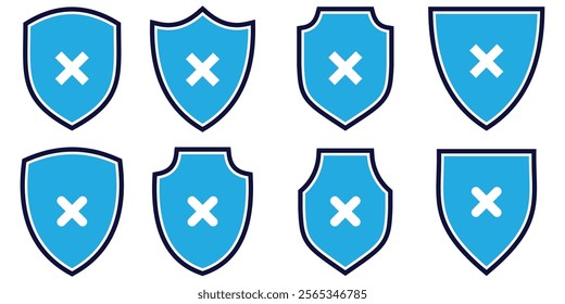 Shield icon with cross mark. Security Shield Vector shield checkmark, cross, approved, rejected, yes, no. Set of crosses and checkmarks. checkmark set, editable line. Eps 10