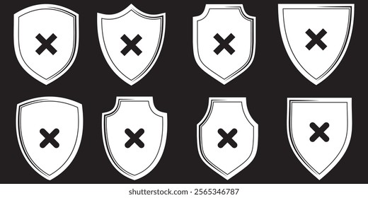 Shield icon with cross mark. Security Shield Vector shield checkmark, cross, approved, rejected, yes, no. Set of crosses and checkmarks. checkmark set, editable line. Eps 10