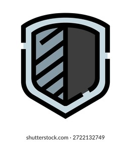 Shield icon displaying dark grey and striped lighter grey sections within a light blue border, symbolizing cybersecurity, safety, privacy, and digital data protection