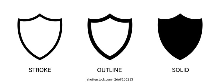 Shield icon with editable stroke, outline and solid styles. The icon represents protection.