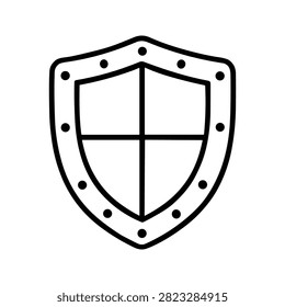Shield icon features a simple black outline with rivet dots and a cross dividing the shield into four sections for versatile protection graphics
