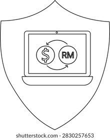 A shield icon featuring a laptop displaying a currency exchange between USD and MYR, symbolizing secure online financial transactions.