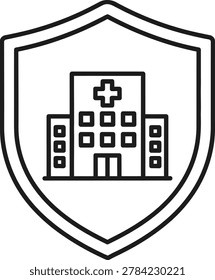 A shield icon featuring a medical building with a cross, symbolizing healthcare security and protection services.
