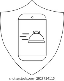 A shield icon featuring a mobile phone displaying a food delivery app interface, symbolizing secure and convenient food ordering.