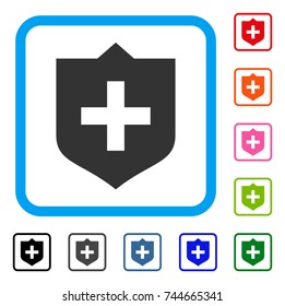 Shield icon. Flat gray pictogram symbol inside a blue rounded square. Black, gray, green, blue, red, orange color additional versions of Shield vector. Designed for web and application user interface.