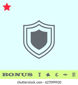 Shield icon flat. Grey pictogram on blue background. Vector illustration symbol and bonus buttons medal, cow, earth, eye, calculator
