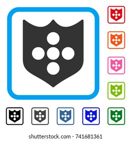Shield icon. Flat grey pictogram symbol inside a light blue rounded frame. Black, gray, green, blue, red, orange color variants of Shield vector. Designed for web and application user interface.