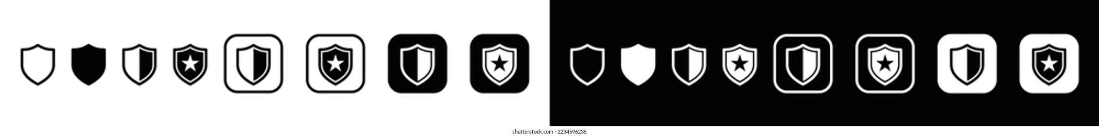 Shield icon game character set. Shield tank with star in the square button sign symbol logo. Strong defense shield for app or website, vector illustration