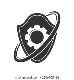 Shield icon with a gear. Color vector illustration for logo, sticker and design isolated on white background
