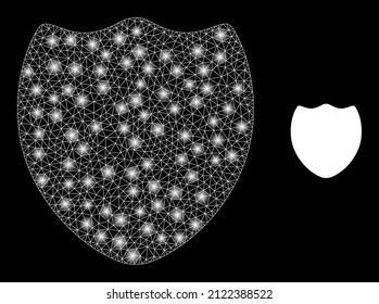 Shield icon and glowing mesh net shield model with illuminated spots. Illuminated model is done from shield vector icon and polygonal mesh. Sparkle carcass shield, on a black background.