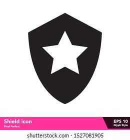Shield icon in glyph style, with pixel perfect eps 10. Technology style icon for use in web, application, and mobile.