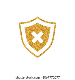 Shield icon in gold glitter texture. Sparkle luxury style vector illustration.