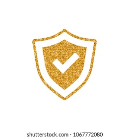 Shield icon in gold glitter texture. Sparkle luxury style vector illustration.