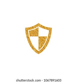 Shield icon in gold glitter texture. Sparkle luxury style vector illustration.