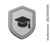 A shield icon with a graduation cap symbolizes academic security and educational achievement protection.