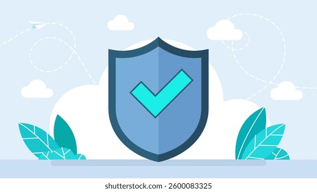 Shield icon with green checkmark. Protection, security. Protection confirmed. Antivirus program. Successfully tested. Shield with checkmark. Confirmation of protection. Flat style. Vector illustration