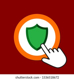 Shield icon. Guard, protectionl concept. Hand Mouse Cursor Clicks the Button. Pointer Push Press