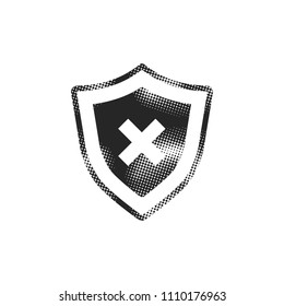 Shield icon in halftone style. Black and white monochrome vector illustration.
