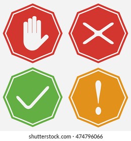Shield icon with a hand, tick, a cross and an exclamation point. Vector illustration.