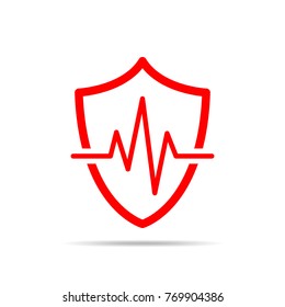 Shield icon with heartbeat sign, isolated. Vector illustration. Concept of cardiology protection