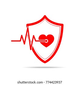 Shield icon with heartbeat sign, isolated. Vector illustration. Concept of cardiology protection