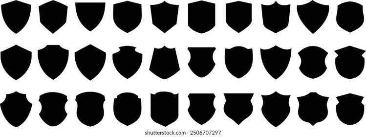 Shield icon. Heraldic shield set. Black knight award contours and linear signs. Protect shapes silhouette. Vector illustration